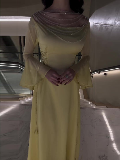 Yellow Pleated Belted Ruffled Sleeves Maxi Dress