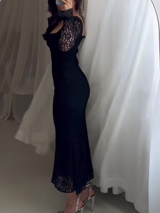 Black Lace Patchwork Square Neck Bodycon Dress