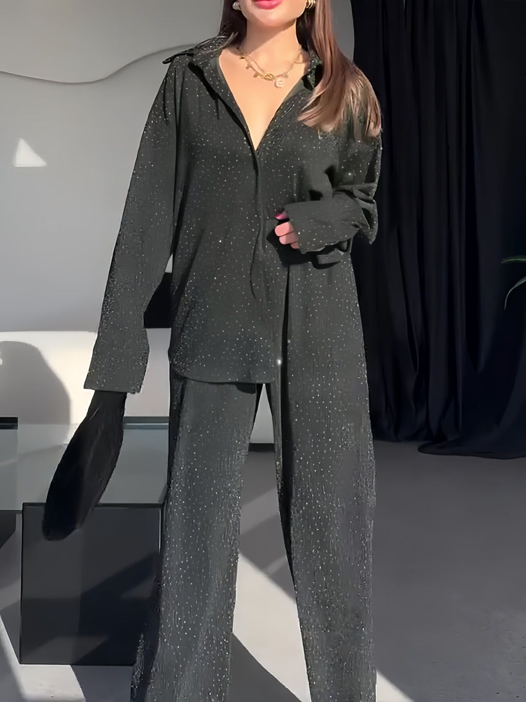 Casual Shiny Long-sleeved Shirt & Elastic Waist Long Pants Set