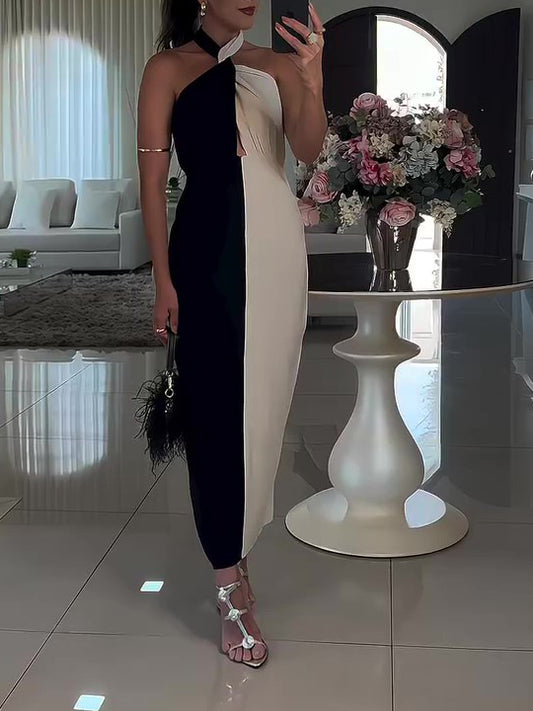 Halter Neck Strap Contrast Dress