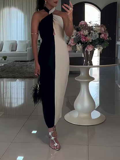 Halter Neck Strap Contrast Dress