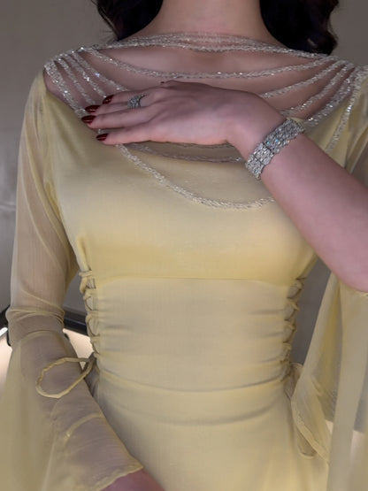 Yellow Pleated Belted Ruffled Sleeves Maxi Dress