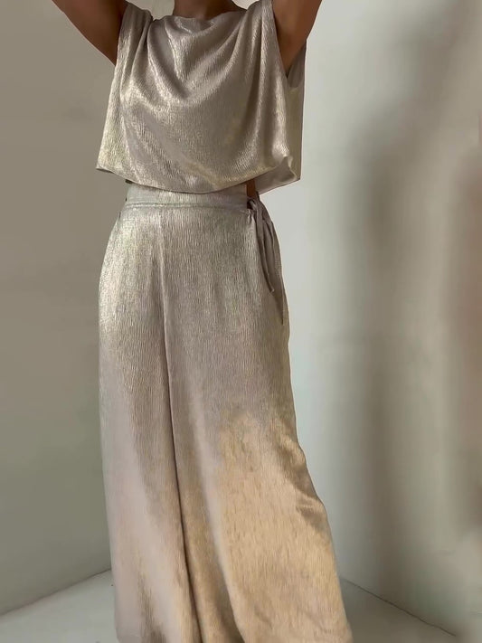 Glossy Sleeveless Top & Strappy Wide-leg Pants Set