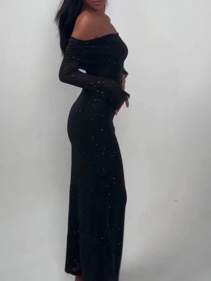 Black Off-Shoulder Maxi Dress With Glitter Detail And Mesh Sleeves