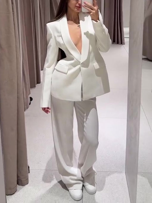 Solid Color Lapel Suit Jacket & High Waist Pants Set
