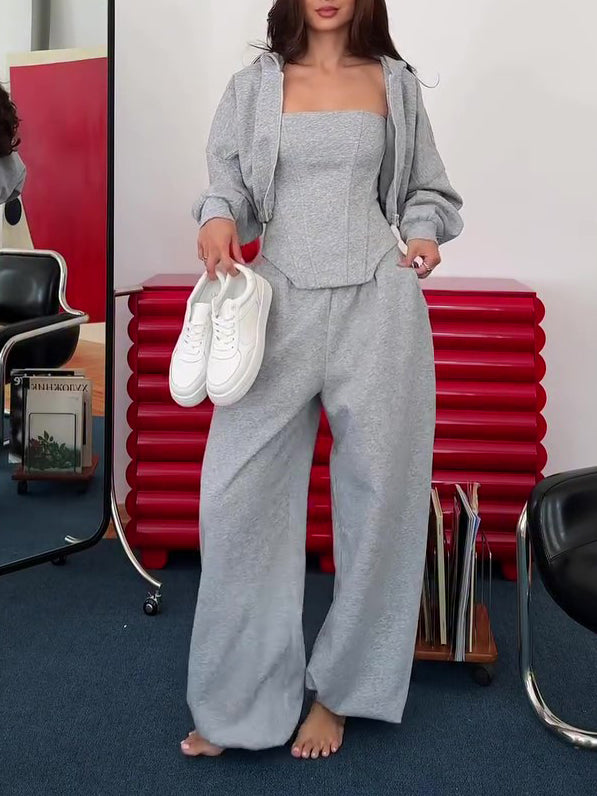 Gray Three-Piece Set With Hooded Jacket, Corset Top And Wide-Leg Pants