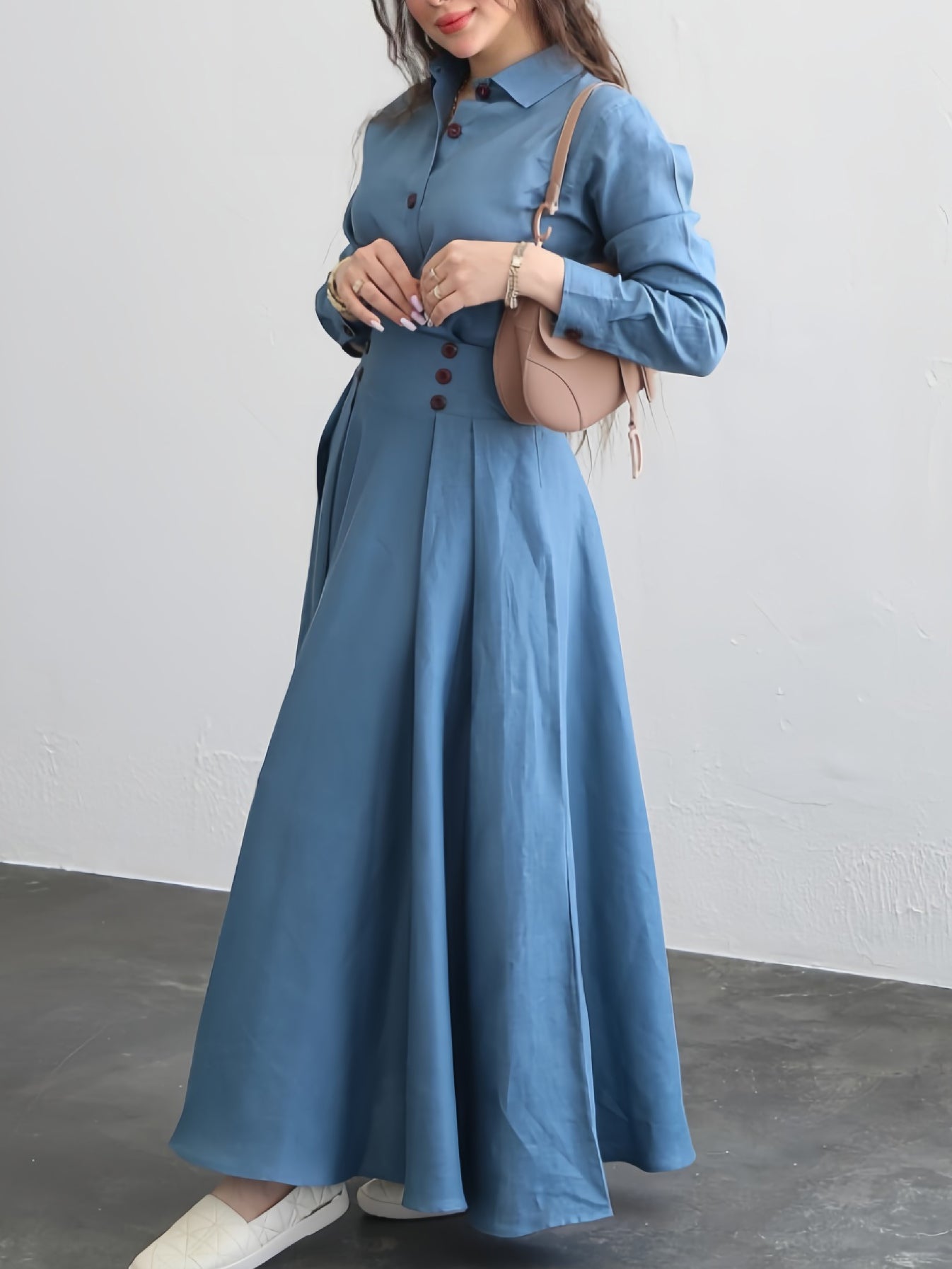 Solid Color Shirt & High Waist Skirt Suit