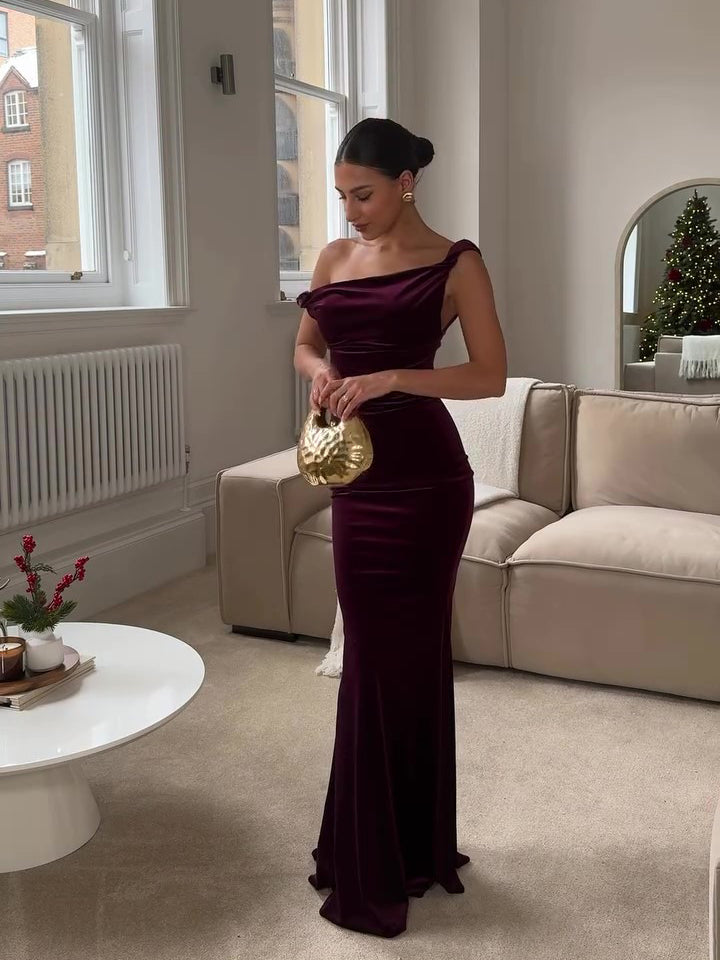 Burgundy Off-shoulder Velvet Fishtail Maxi Dress