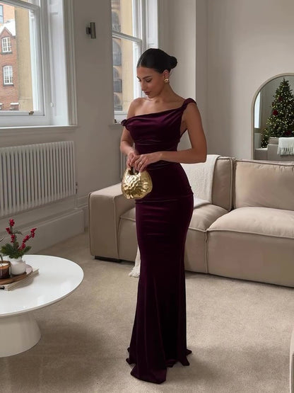 Burgundy Off-shoulder Velvet Fishtail Maxi Dress