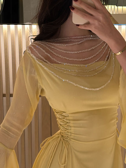 Yellow Pleated Belted Ruffled Sleeves Maxi Dress