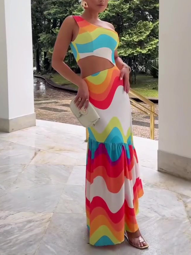 Colorful One Shoulder Cutout Dress