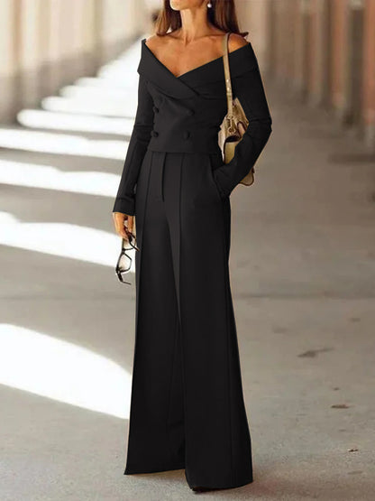 Solid Color Off-shoulder Crop Top & High-waisted Pants Set