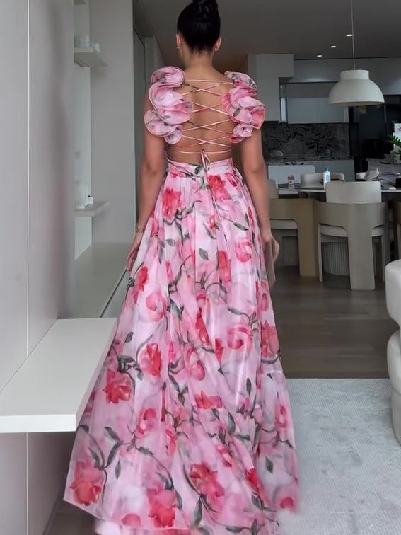 Floral Print Open Back Strap Maxi Dress