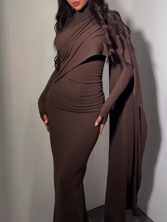 Brown Turtleneck Long-sleeved Slim Dress