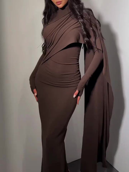 Brown Turtleneck Long-sleeved Slim Dress