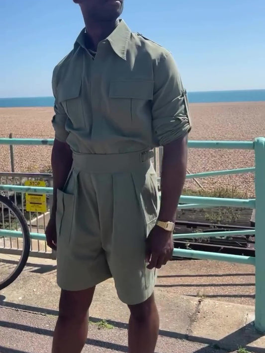 Army Green Long Sleeve Pocket Shirt & High Waist Shorts Set