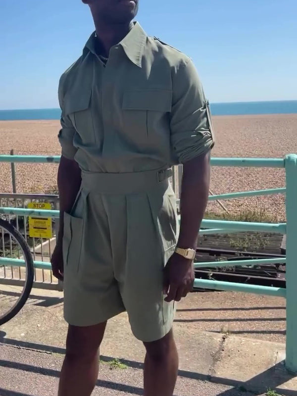 Army Green Long Sleeve Pocket Shirt & High Waist Shorts Set