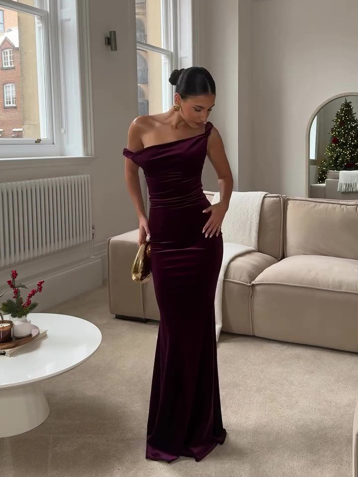 Burgundy Off-shoulder Velvet Fishtail Maxi Dress
