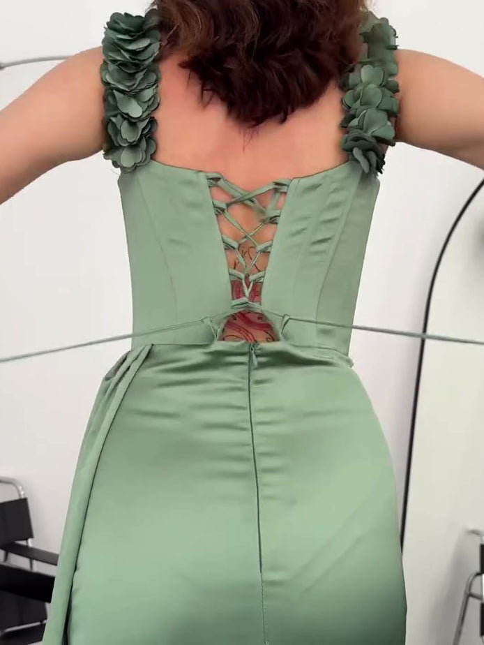 Green Off-shoulder Pleated Maxi Evening Dress