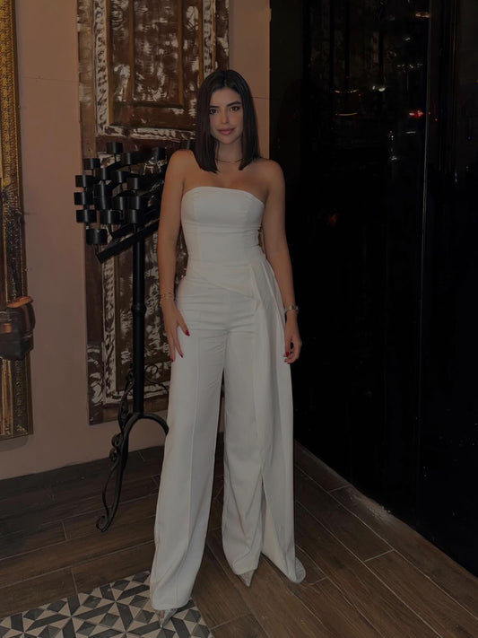 White Tube Top With Irregular Hem & High-waisted Pants Suit