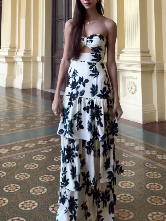 Strapless Printed Ruffle Maxi Dress