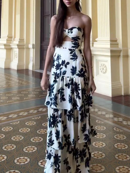 Strapless Printed Ruffle Maxi Dress