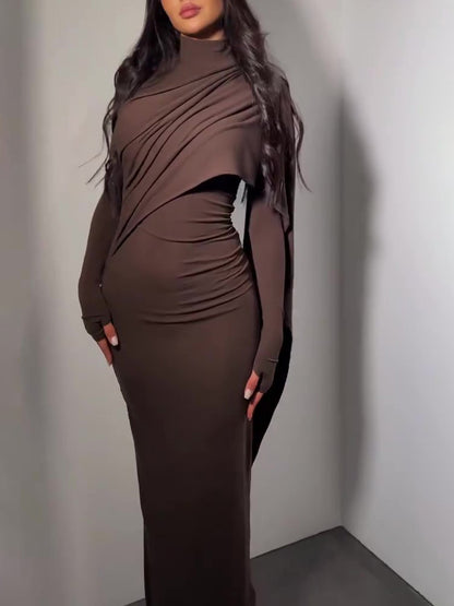 Brown Turtleneck Long-sleeved Slim Dress