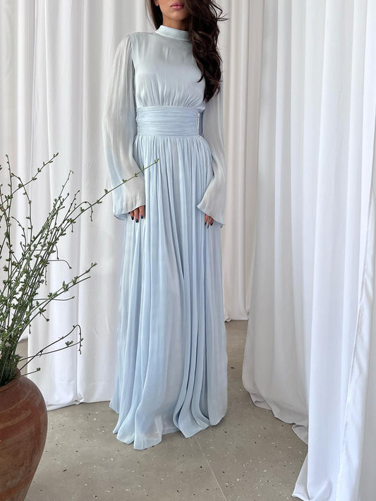Solid Color Long Sleeve Silk Organ Maxi Dress
