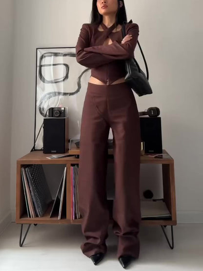 Brown Crop Top High Waist Pants Suit