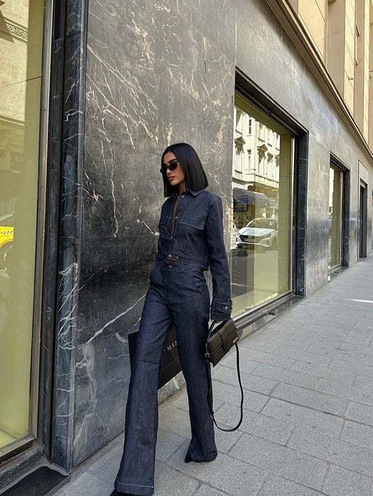 Short Denim Jacket & High-waisted  Pants Suit