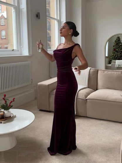 Burgundy Off-shoulder Velvet Fishtail Maxi Dress