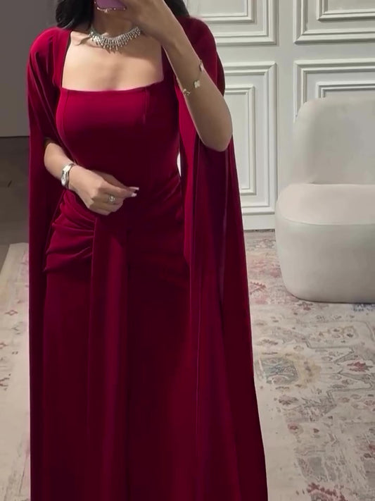 Elegant Burgundy Square - Neck Cape  Maxi Dress