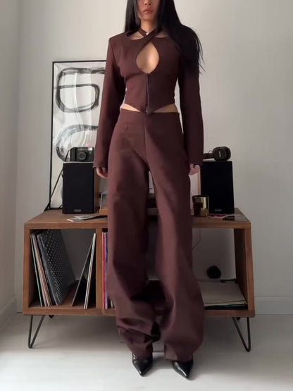 Brown Crop Top High Waist Pants Suit