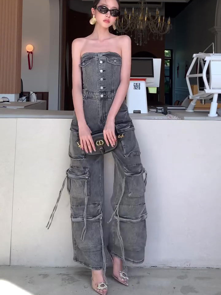 Denim Tube Top Single-breasted Jumpsuit
