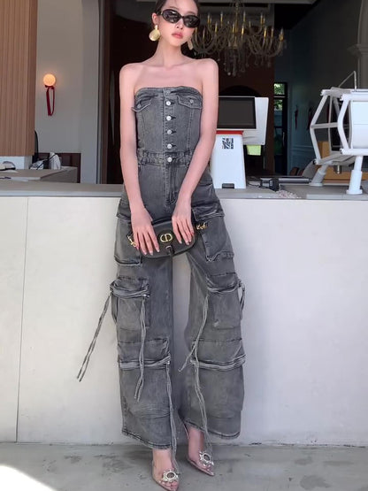 Denim Tube Top Single-breasted Jumpsuit