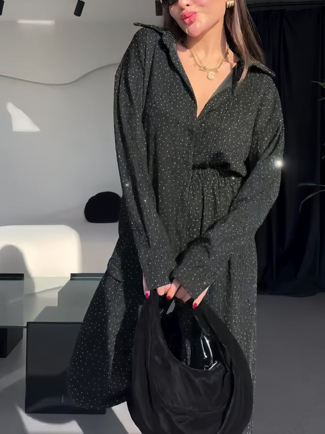 Casual Shiny Long-sleeved Shirt & Elastic Waist Long Pants Set