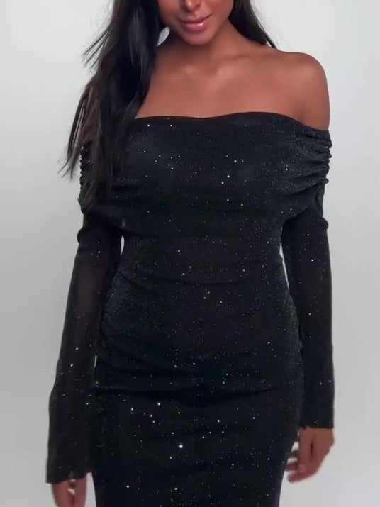 Black Off-Shoulder Maxi Dress With Glitter Detail And Mesh Sleeves
