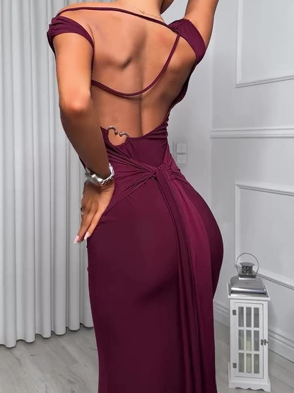 Burgundy Backless Strappy Maxi Dress