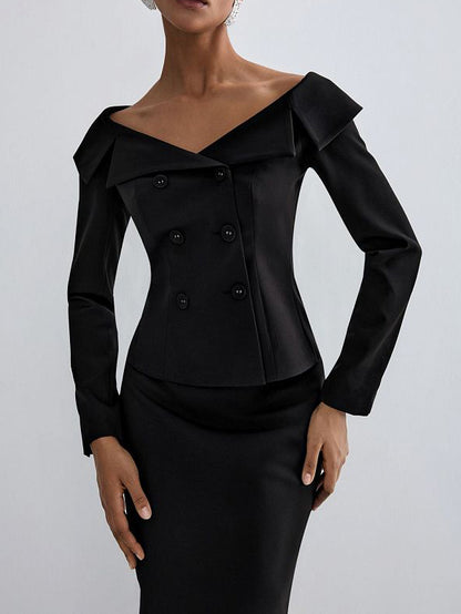 Black Double-breasted Jacket And Long Skirt Suit