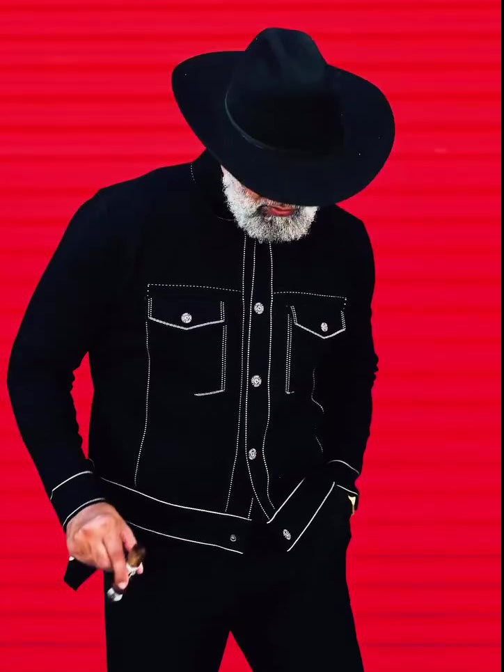 Black Denim Jacket With White Topstitching Detail