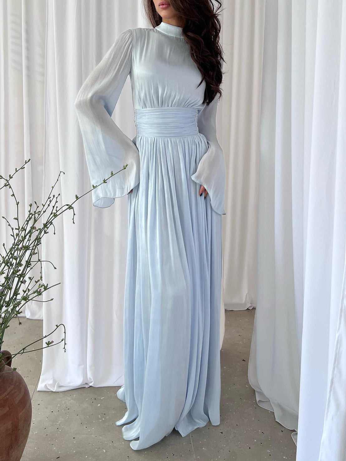 Solid Color Long Sleeve Silk Organ Maxi Dress