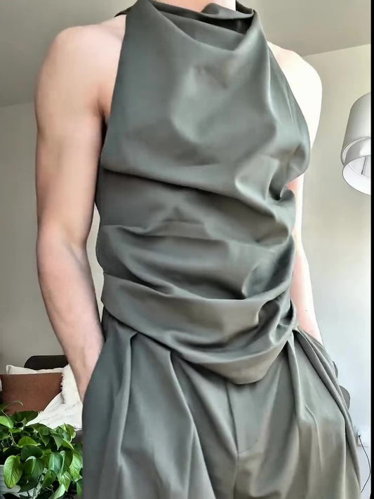 Olive Green Oversized Three-Piece Suit With Blazer, Waistcoat And Wide-Leg Pants