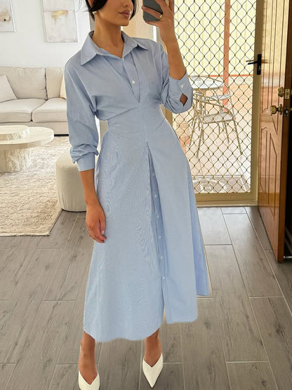 Blue Striped Single-breasted Shirt Dress