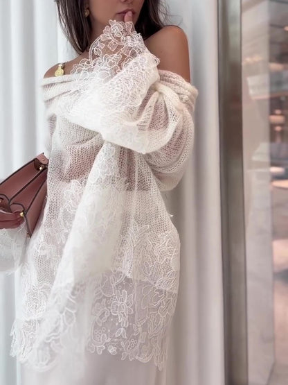 White Lace Off-Shoulder Oversized Top