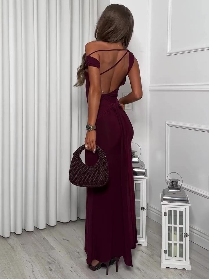 Burgundy Backless Strappy Maxi Dress