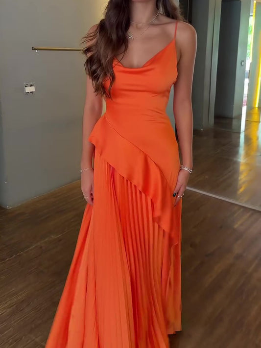 Orange Pleated Ruffled Backless Dress