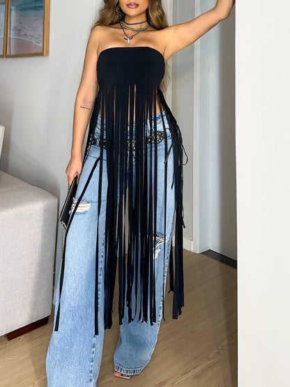 Black Bandeau Fringe Top