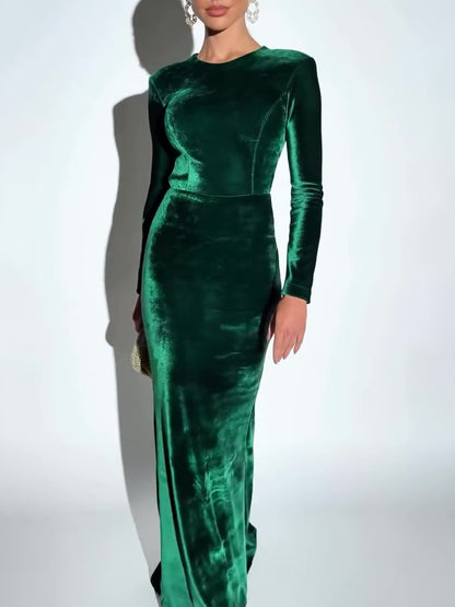 Velvet Backless Long-sleeve Maxi Dress