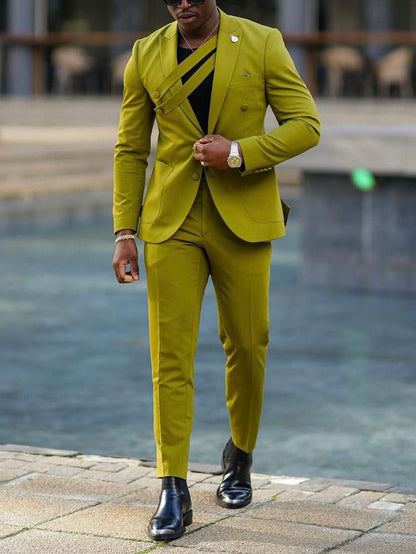 Olive Green Suit With Asymmetric Strap Detail And Tailored Fit