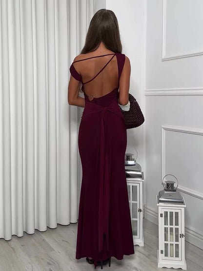 Burgundy Backless Strappy Maxi Dress
